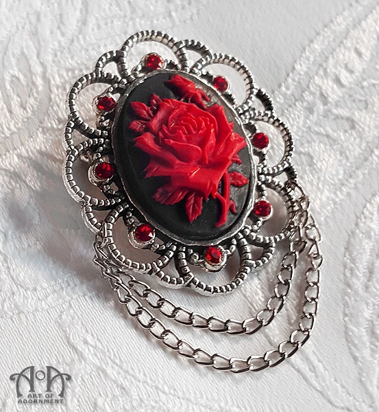 Gothic BLACK RED ROSE CAMEO BROOCH Silver Victorian Filigree
