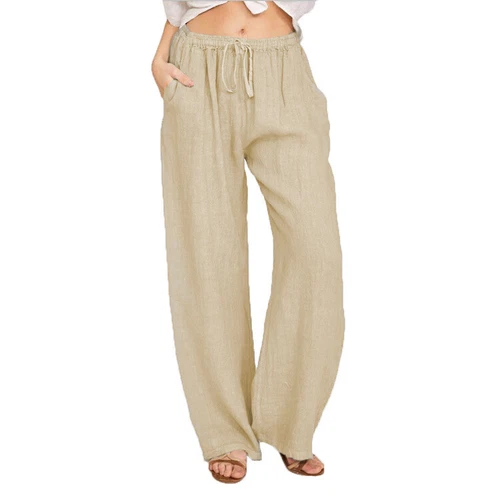 Women's Summer Drawstring Waist Wide Leg Loose Cotton Linen Palazzo Comfy Pants - Bild 19 von 43