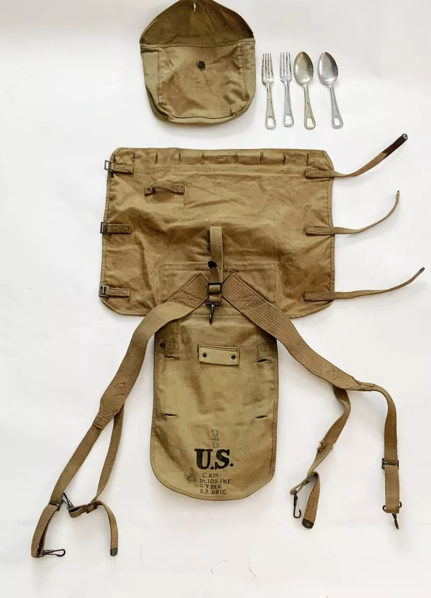 WWI US Army m1910 haversack with meat can utensils ID D 105TH INF