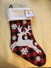 STOREHOUSE HOLIDAY STOCKING RED & BLACK CHECK W/REINDEER  21" NEW