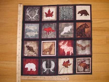 Wild Life Moose Bear Fish BLK (C) Cotton Quilt Fabric Panel Blocks (16)