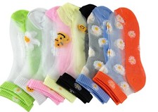 7 Pairs Women Transparent Smiley Daisy Crystal Socks Summer Ankle UK 3-6