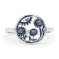 Minimal Sunflower Oxidized Ring 925 Sterling Silver 11.5mm
