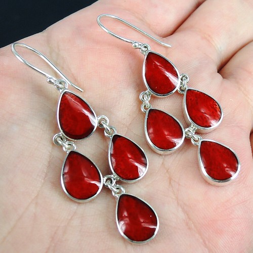 925 Sterling Silver Chandelier Style Red Coral Earrings Jewellery - Picture 1 of 4
