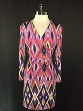 NEW JONES NEW YORK Size L Petite Faux Wrap Dress Black Purple Orange Long Sleeve