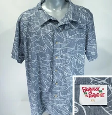 Barefoot in Paradise Mens XXL Hawaiian Style Cotton Short Sleeve Gray Shirt Fish