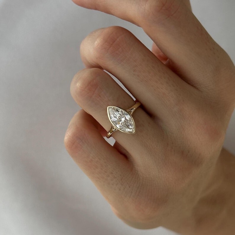 Bezel Set Marquise Moissanite Solitaire Engagement Ring in 18K Gold-image