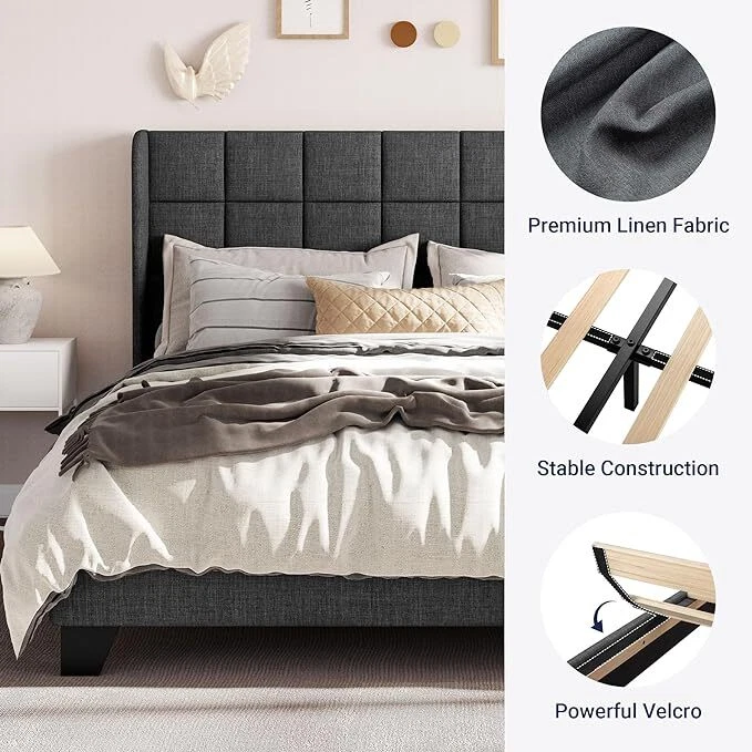 Sifurni Full/Queen/King Size Bed Frame with Wingback Fabric Headboard, Dark Grey - Image 4 of 4