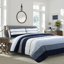 Tranquil Blue Gray Striped 100%Cotton Quilt Set, Bedspread, Coverlet