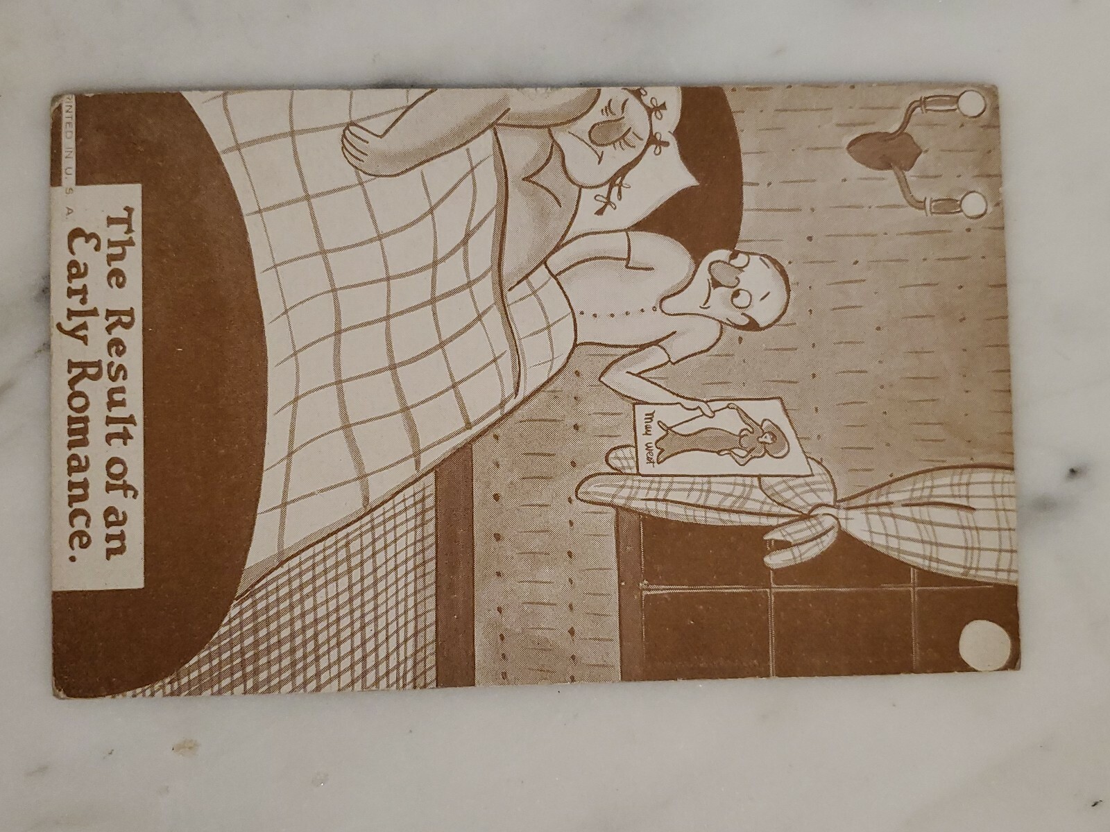 Vintage Humorous Card The Result of an Early Romance