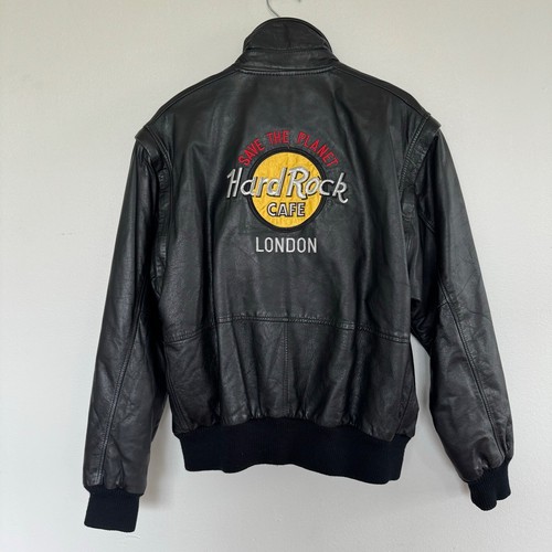 Vintage 90s Hard Rock Cafe London Jacket Mens Medium Black Leather Bomber Vest - Bild 1 von 15