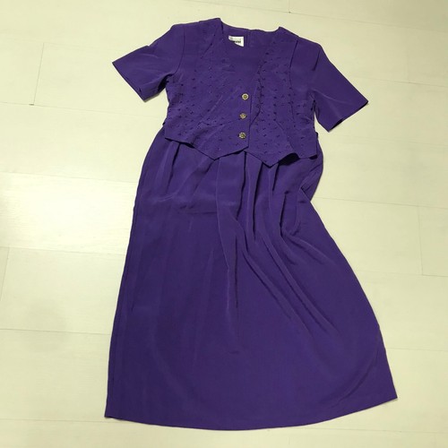 90s Vintage Purple Dress 6 Embroidered Vest Midi Shirtdress w/ Shoulder Pads - Picture 4 of 7