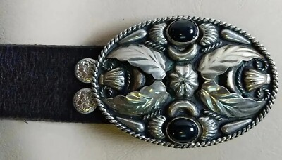Vtg Alpaca Mexico Silver Buckle Black Leather Size 34 Belt L  display picture 1
