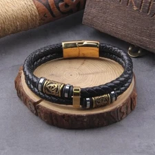 Vikings Leather Bracelets Braided Stainless Steel Cuff Wristband Bangles Jewelry
