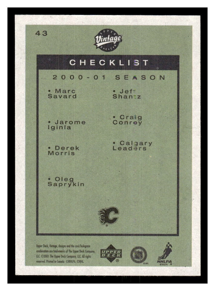 2001 Upper Deck Vintage #43 Flames Checklist CL - Calgary Flames - Image 2 of 2