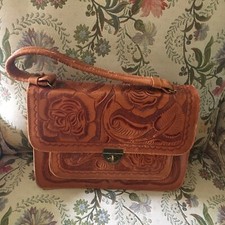 Vintage Tooled Leather HandBag Purse Tan Multicompartment