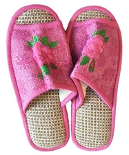 Pink Floral Embroidered Shoe Slipper With Rubber Sole