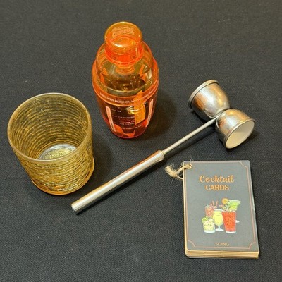 Vintage Jigger Bar Set w/ Cointreau Shaker, Soing Cocktail Recipes & Amber Glass