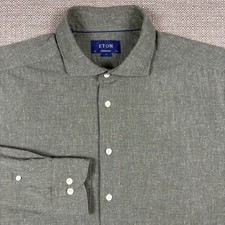 Eton Men's Shirt 17 1/2 17.5 44 XL Long Sleeve Solid Green Contemporary Cotton