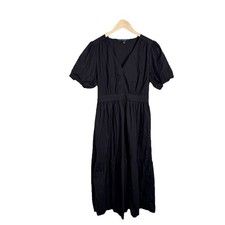FRENCH CONNECTION Kelly Tiered Poplin Maxi Dress Cute Puff Sleeve Black Medium