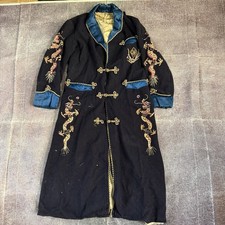 Men's Vintage 40's Pankou Chinese Navy Blue Wool Silk Smoking Jacket Robe Sz M