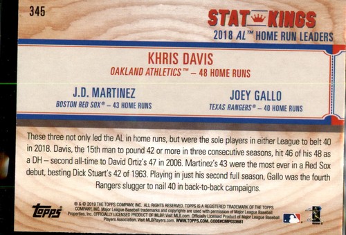 2019 Topps Big League #345 Khris Davis / J.D. Martinez / Joey Gallo - Picture 2 of 2