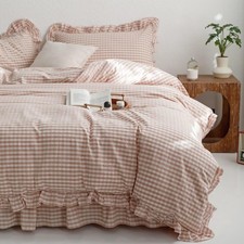 mixinni Vintage Pink Gingham Ruffle 3-Piece Twin XL Cotton Comforter Set