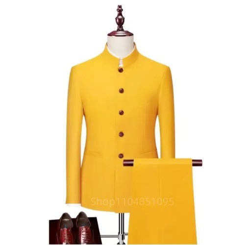 High Quality Dress Set 2Pcs Men Chinese Style Slim Fit Tuxedos Jacket Pants Sets - Foto 13 di 27