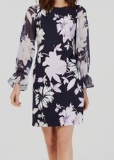 Vince Camuto Women's Blue Purple Floral-Print Boat Neck Shift Dress Size 12