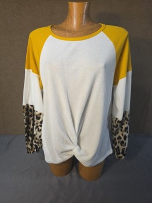 Women's Boutique Long Sleeve Waffle Top, Yellow Leopard, Size L