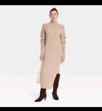 Women's Long Sleeve Midi Sweater Dress - Universal Thread Tan L