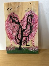 Handmade Painted Cherry Blossom Tree Fractal Wood Burning Art Work Home Decor