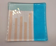 Vintage Retro fused glass art Trinket Dish 8"x8"