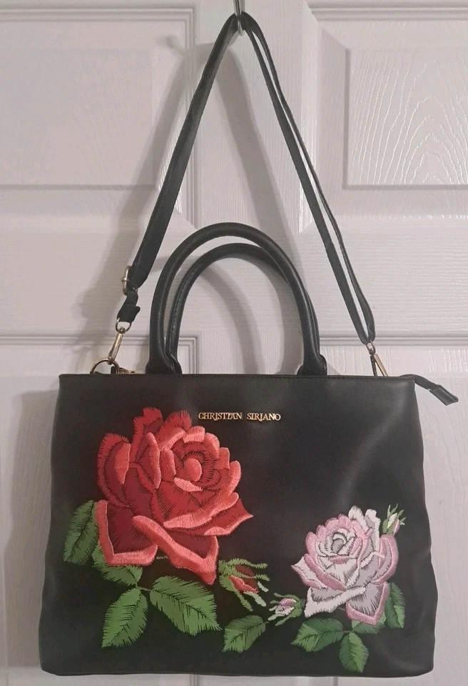 CHRISTIAN SIRIANO BLACK BAG BEAUTIFUL ROSE DESIGN DOUBLE TOP HANDLES & STRAP - Image 2 of 4