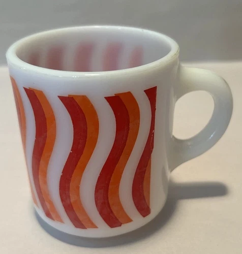 Vintage Hazel Atlas Milk Glass Mug Red & Orange Dizzy Wavy Candy Stripes Bacon