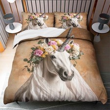 Flower White Unicorn Duvet Quilt Cover Set Pillowcase Twin Full Queen King Decor