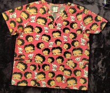 Betty Boop Pink Scrub Top Shirt Women's Ladies LARGE Medical White Dog EUC 