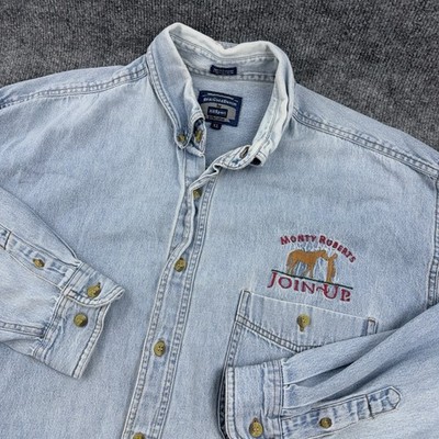 Vintage Monty Roberts Join Up Denim Shirt Mens XL Distressed Blue Button Up