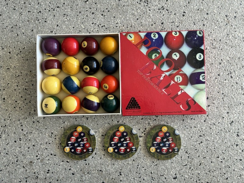 LEGACY BILLIARDS Pool Balls and Coasters Bundle. Pre Owned. Good Condition.