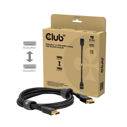 Club 3D DisplayPort 2.1 Bi-Directional VESA DP80 Certified Kabel 4K 240 Hz Zwart, 1,2 meter