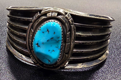Vintage 1970er Navajo Sterlingsilber und Türkis Manschette signiert Patricia Platero 