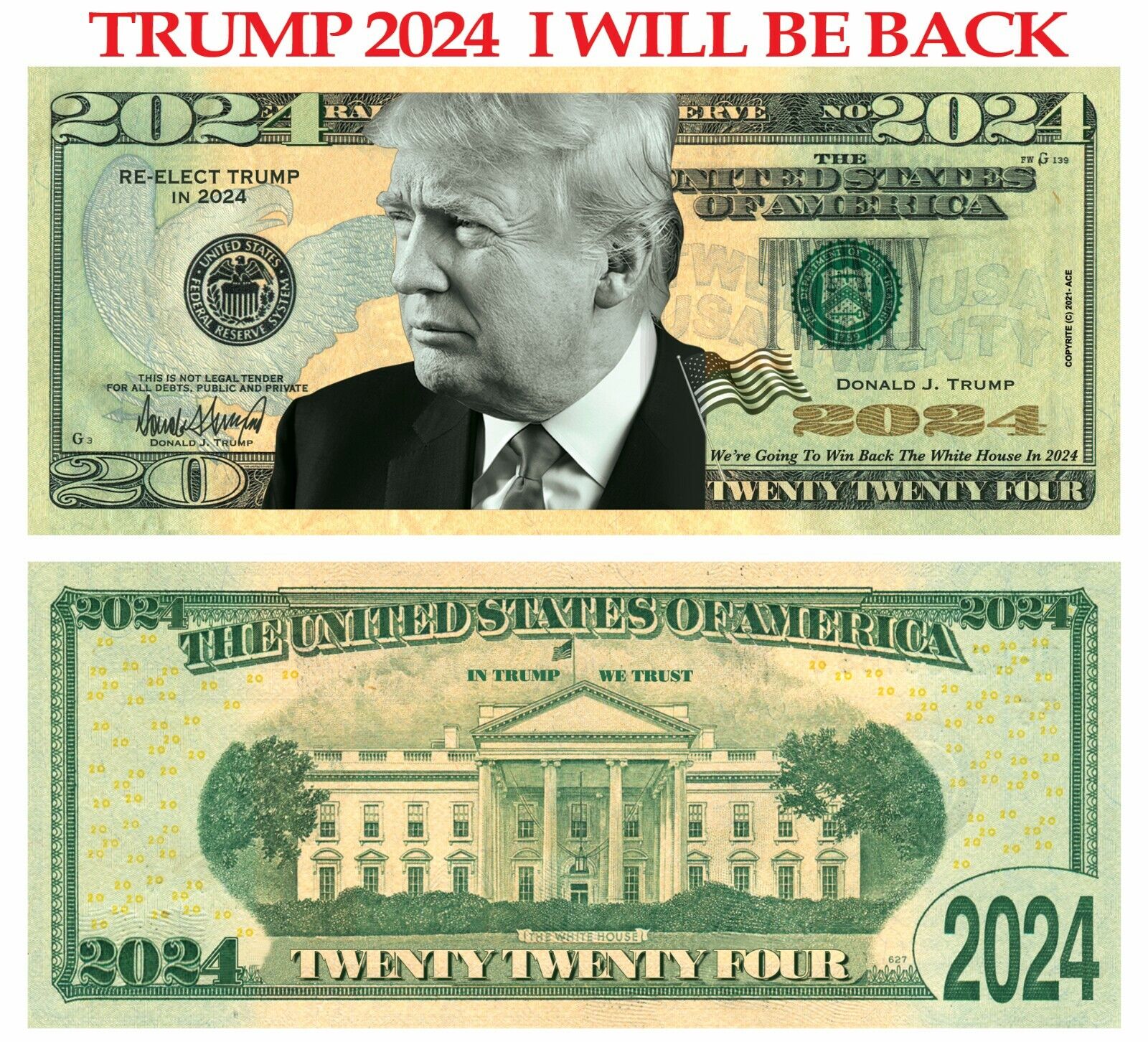 100 pack Trump 2024 I Will Be Back Dollar Bills Funny Money Maga