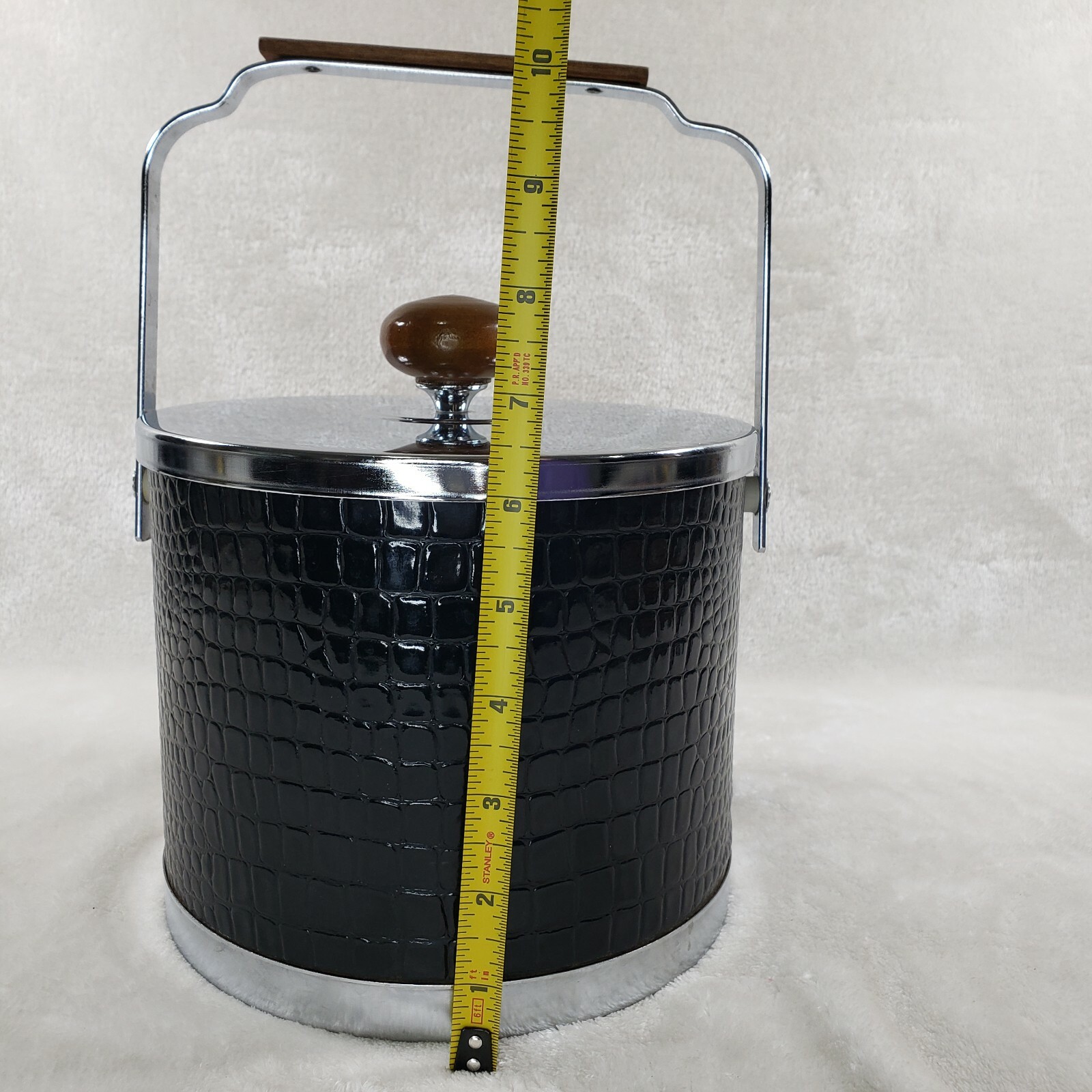 Vintage Retro Black Faux Leather Alligator Ice Bucket Chrome Lid by Atapco