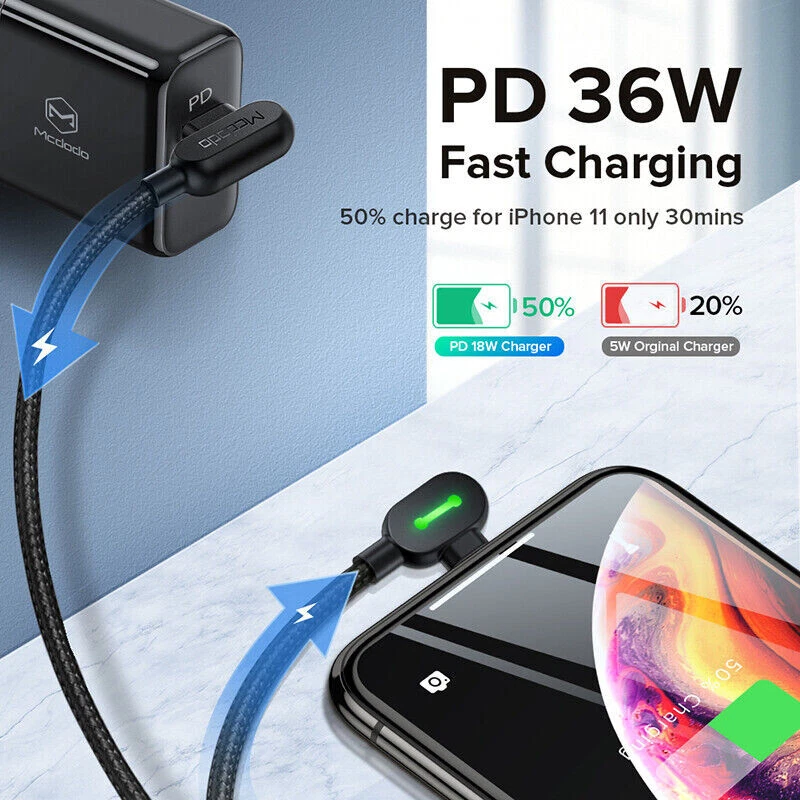 USB Type C Cable To For iPhone LED Fast USB-C Charger MCDODO 36W PD iPhone - Image 3 of 4