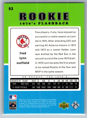 2001 UD CUBIERTA SUPERIOR DÉCADAS 1970 BÉISBOL NOVATO FLASHBACK 93 FRED LYNN SOX - Imagen 2 de 2