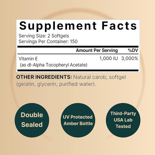Vitamin E 1000IU 300 Softgels d-Alpha Tocopherol Acetate Non GMO - Picture 2 of 2
