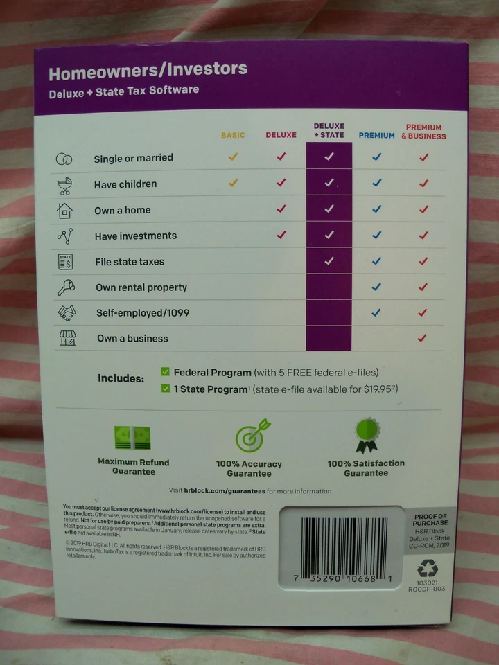 H R H&R Block 2019 Deluxe +State Homeowners/ Investors Tax Software HR opened - Image 4 of 4
