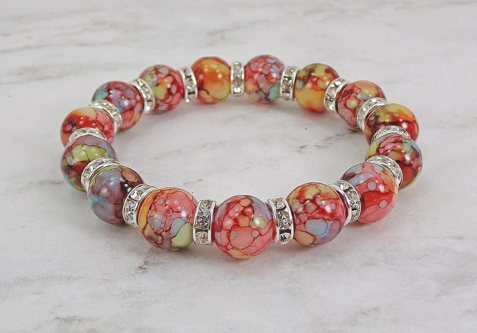 Pulsera elástica de cuentas de vidrio multicolor rojo con cuentas espaciadoras de cristal - Nueva Foto 2 de 3