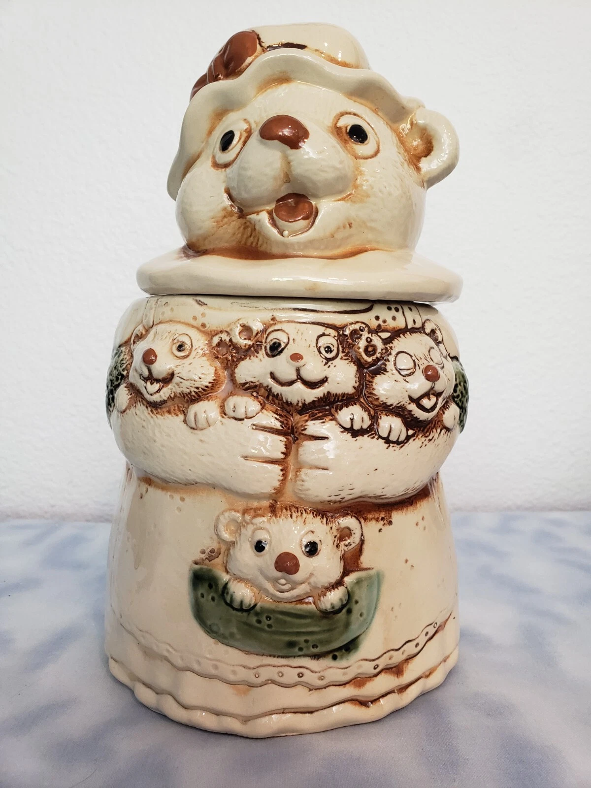 VTG Ceramic Cookie Jar Momma Bear & 4 Cubs Teddy Baby Bears Cream Color