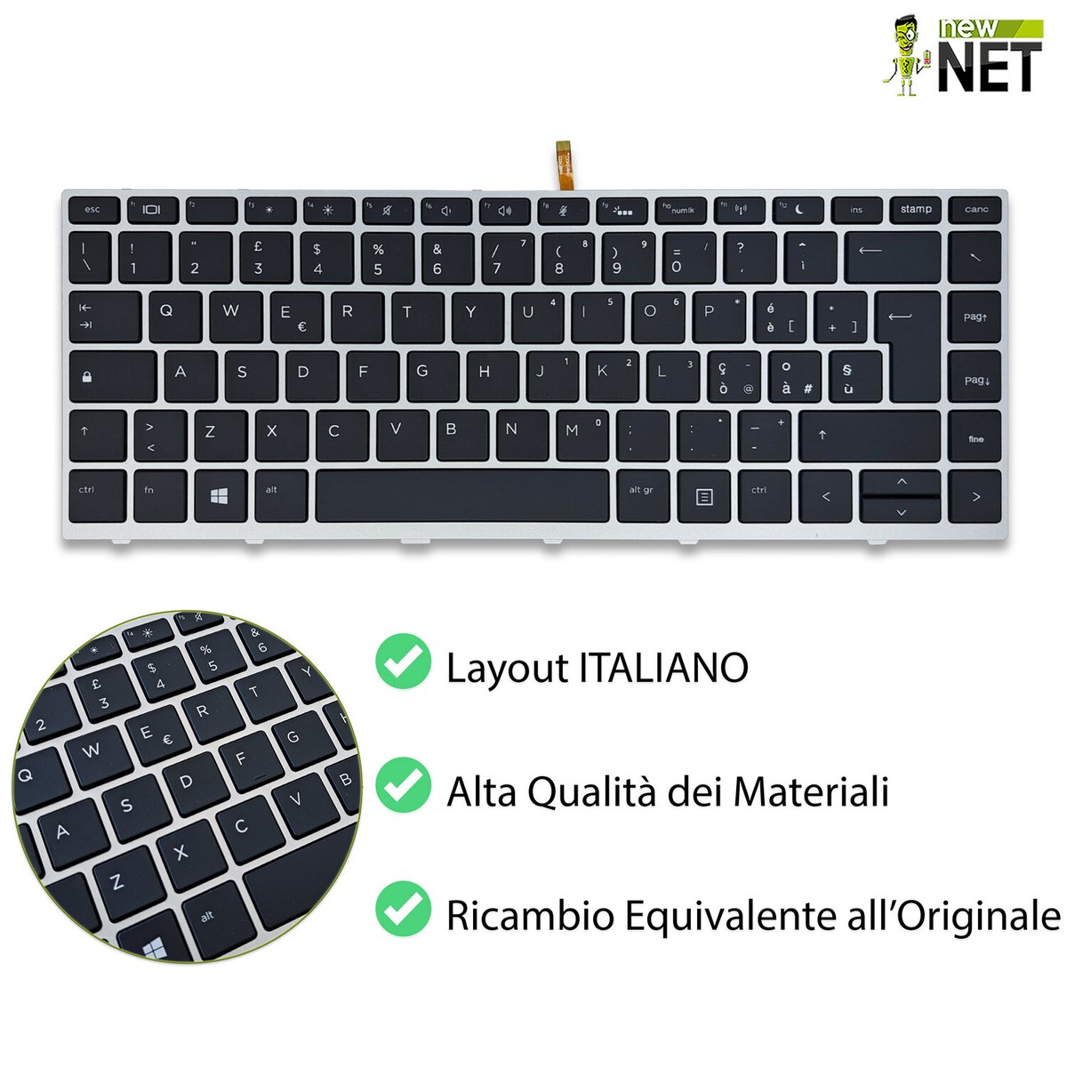 new net - Tastiera Compatibile con Notebook HP 836307-061 903008-061 836308-061 [Frame Silver - Trackpoint - Italiana